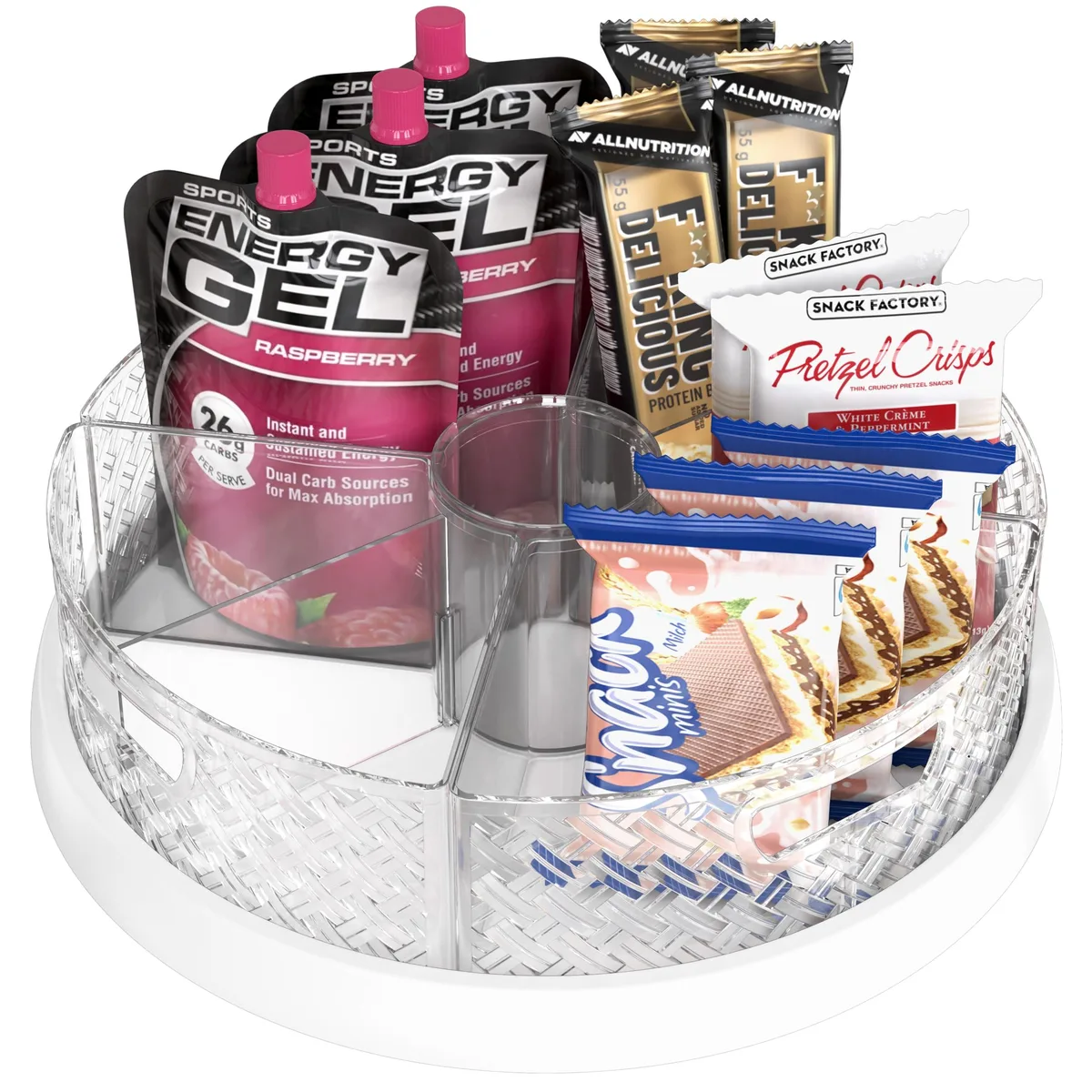 White 12-inch round turntable with removable tube bin, four sector bins and dividers, 3.5 inches high