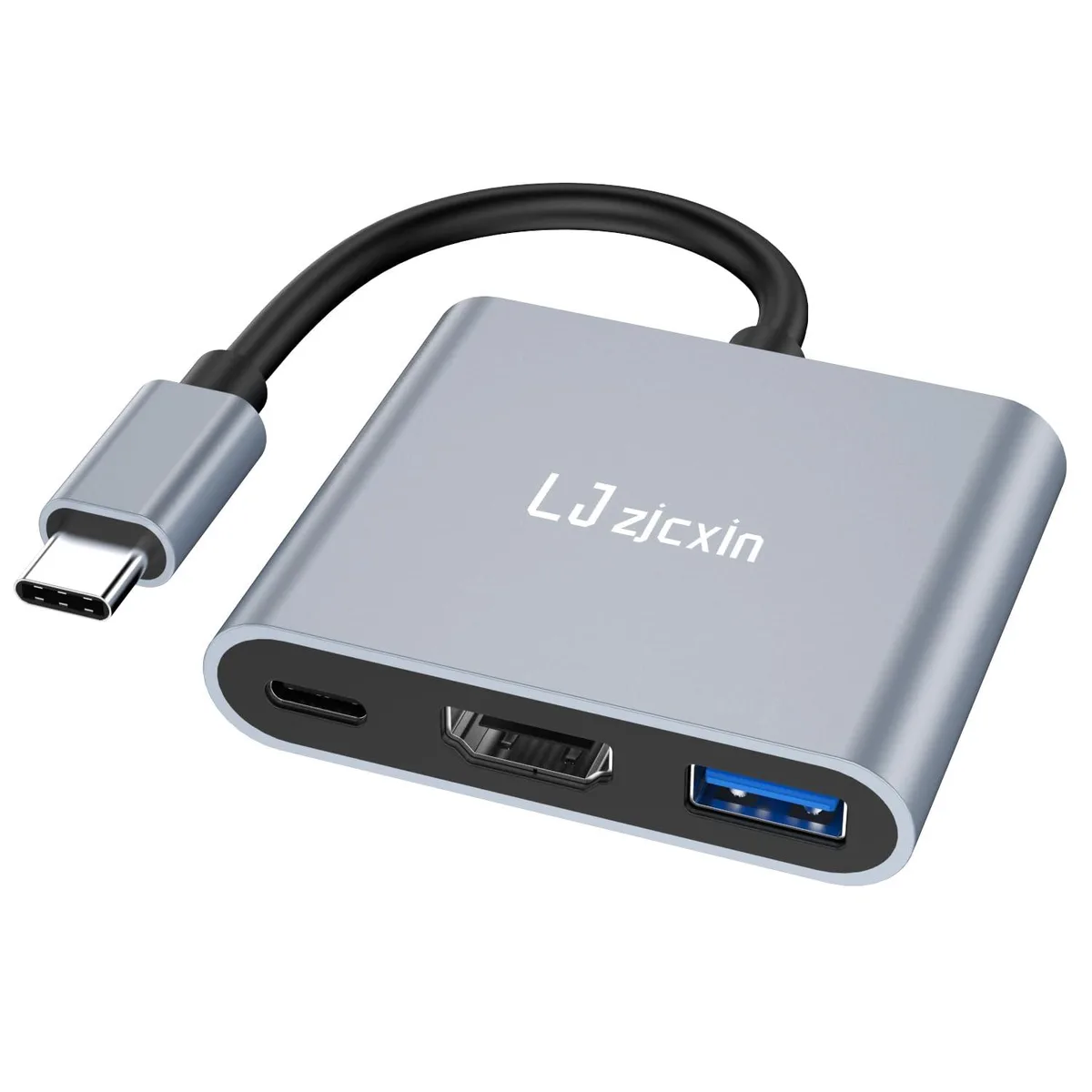 Black aluminium USB-C adapter with HDMI, USB 3.0 and USB-C ports