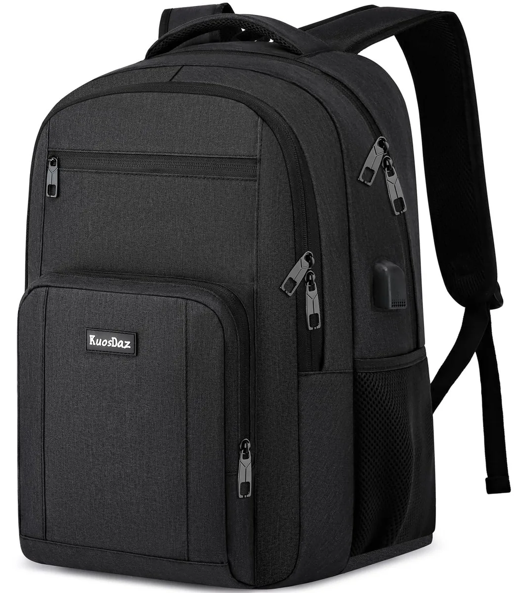 Black 40L laptop backpack with USB port, fits 17.3 inch device, water-resistant fabric, multiple compartments
