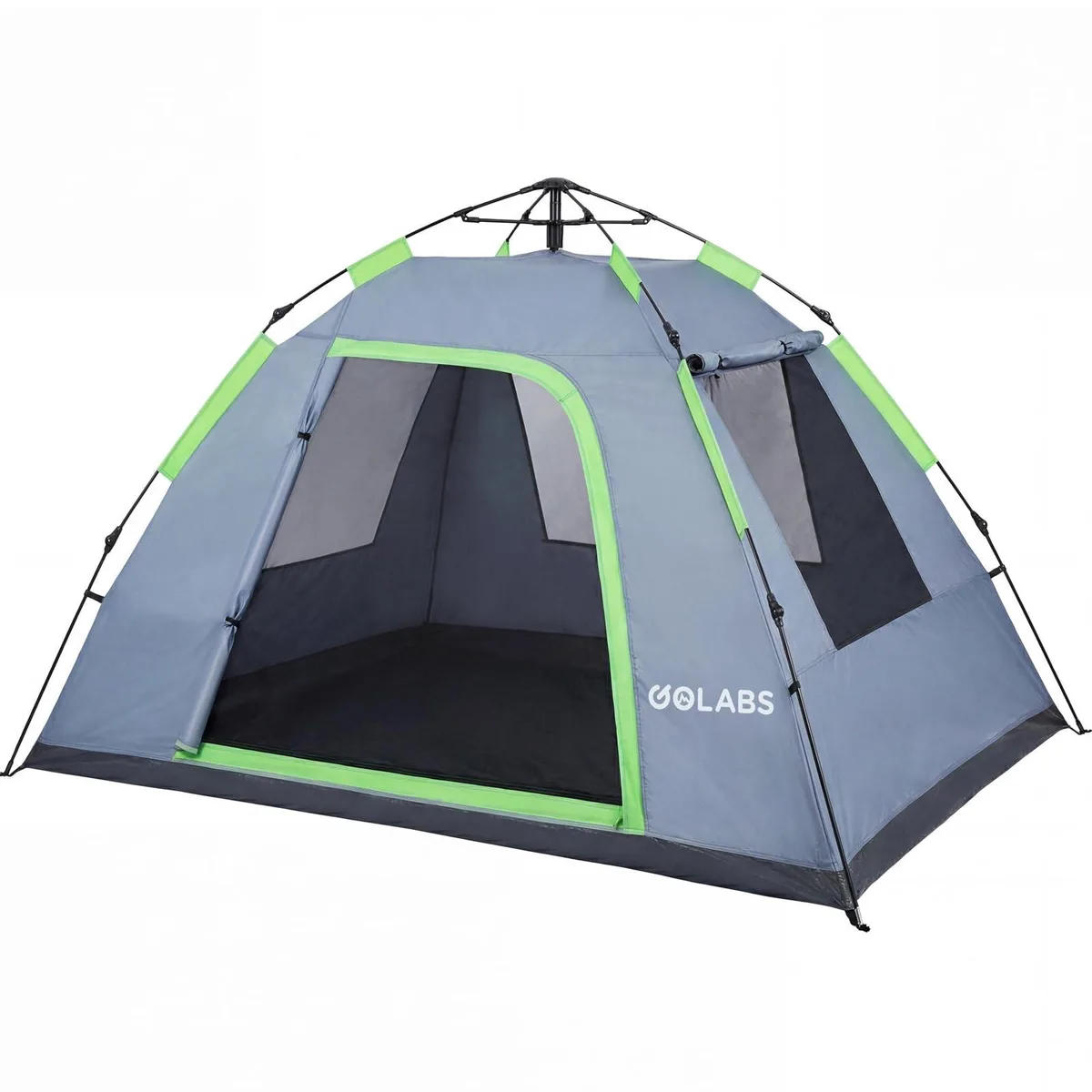 Gray instant tent with pre-attached poles and mesh ventilation sides