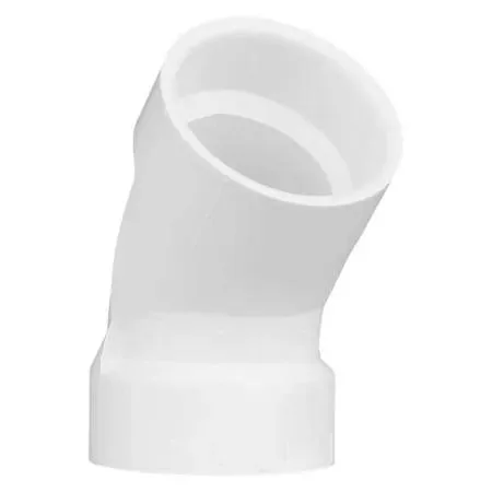 White PVC 45-degree hub elbow fitting, 1-1/2 inch, smooth finish