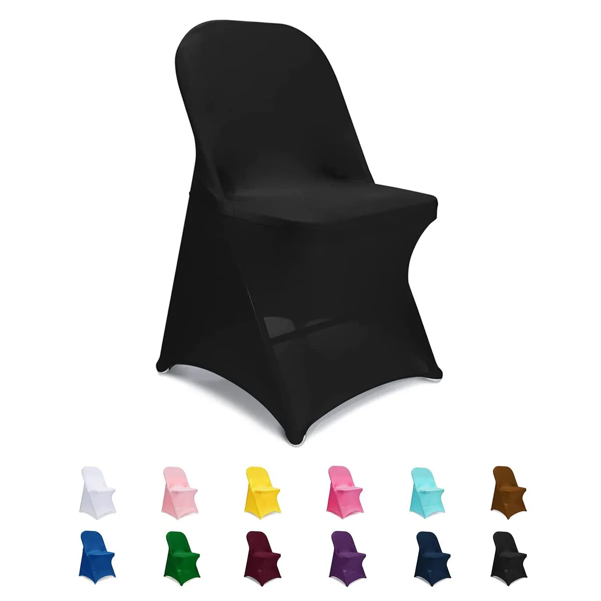 Six black stretch fabric chair covers folded flat