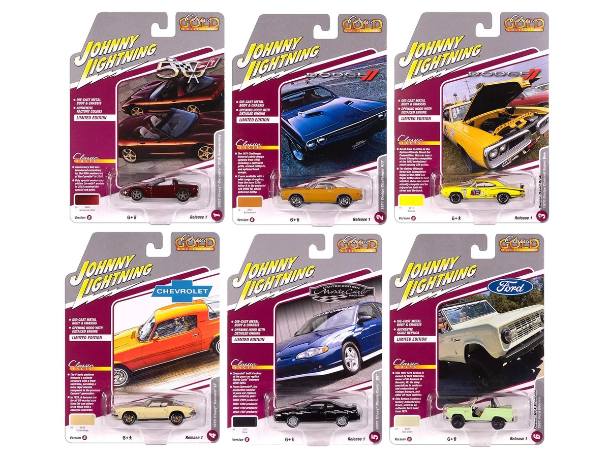 JOHNNY LIGHTNING JOHNNY LIGHTNING Classic Gold Collection 2025 Release 1 Set B 6 Cars 1/64 Diecast hobby collectible — product photo
