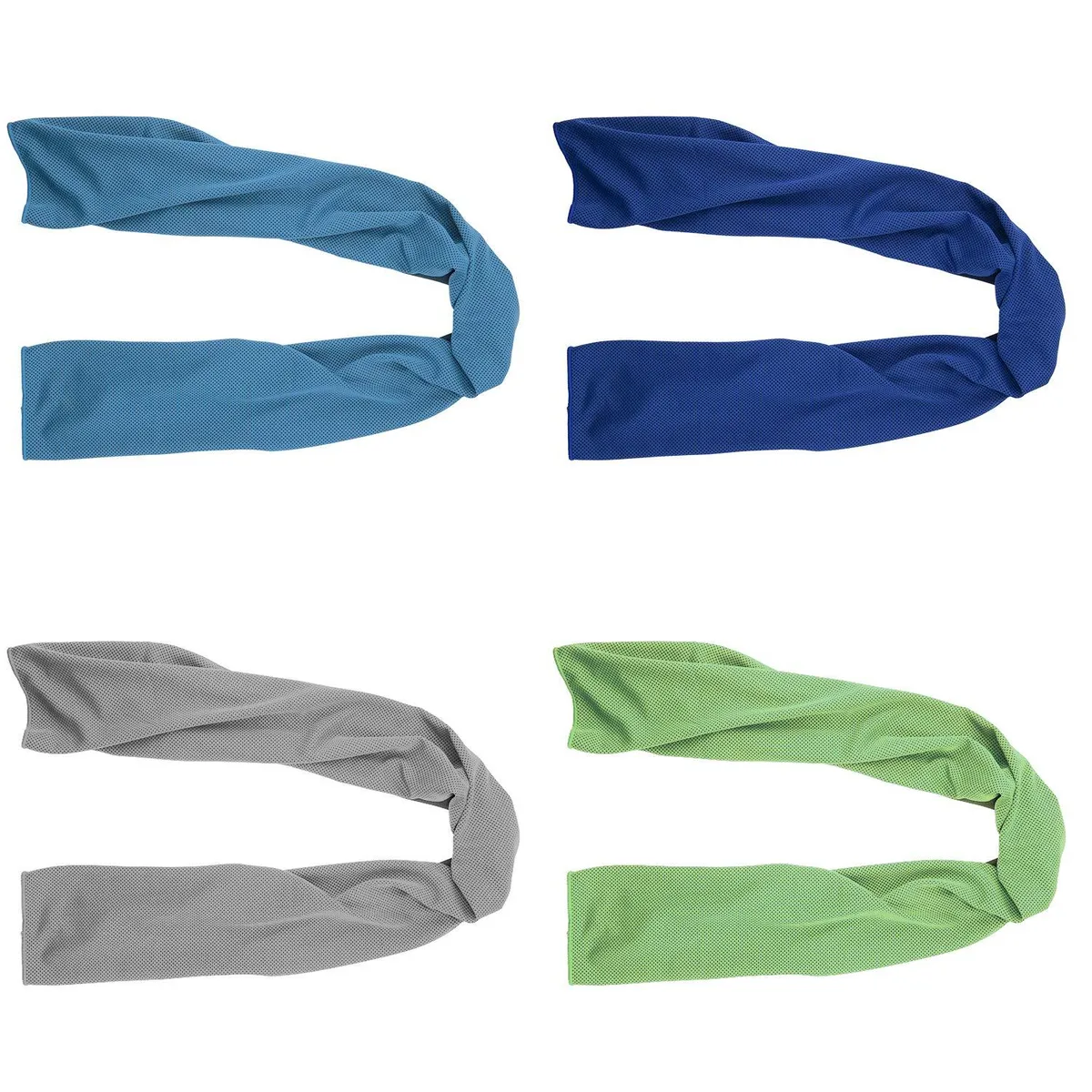 Four folded microfiber cooling towels in blue, dark blue, grey and green