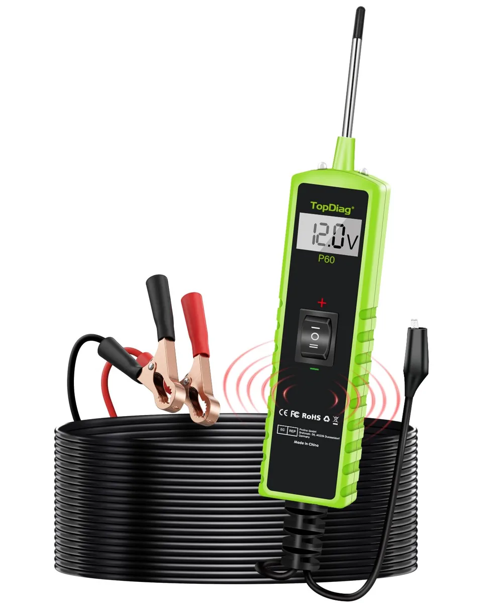Handheld automotive circuit tester probe with battery clamps and LED light