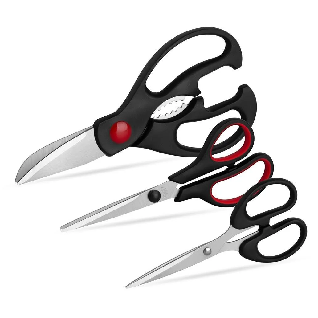 Three stainless steel kitchen scissors with silver finish and plastic handles