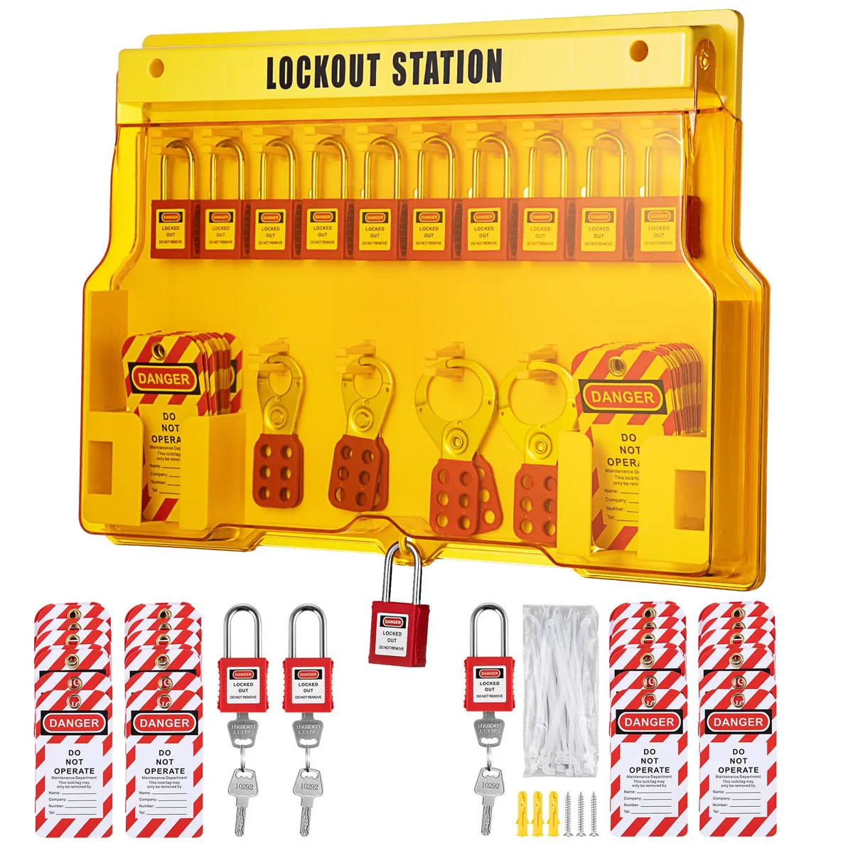 Red polypropylene lockout station with padlocks, hasps, tags and zip ties