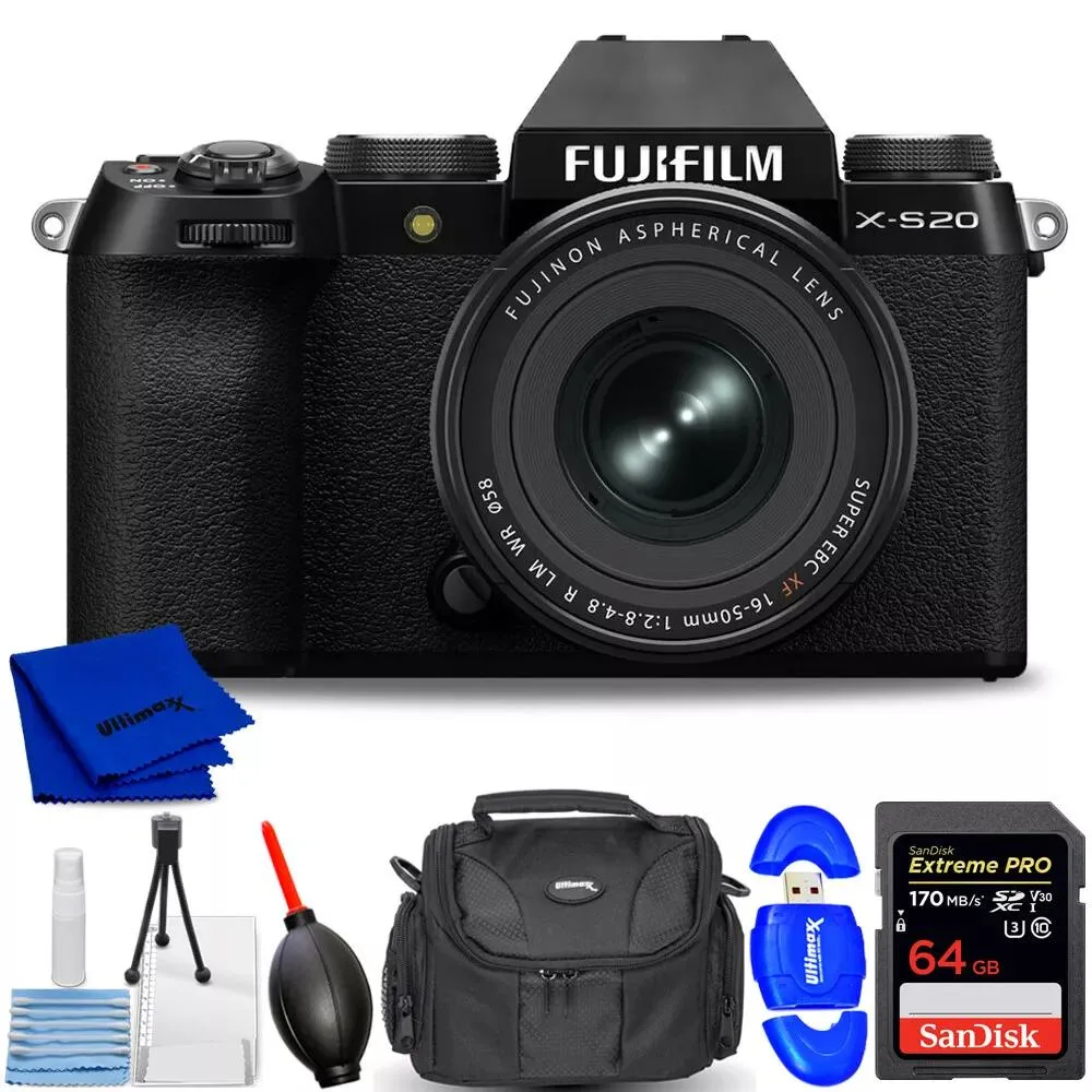 FUJIFILM FUJIFILM X-S20 compact mirrorless camera with XF 16-50mm f/2.8-4.8 lens 7PC kit — product photo