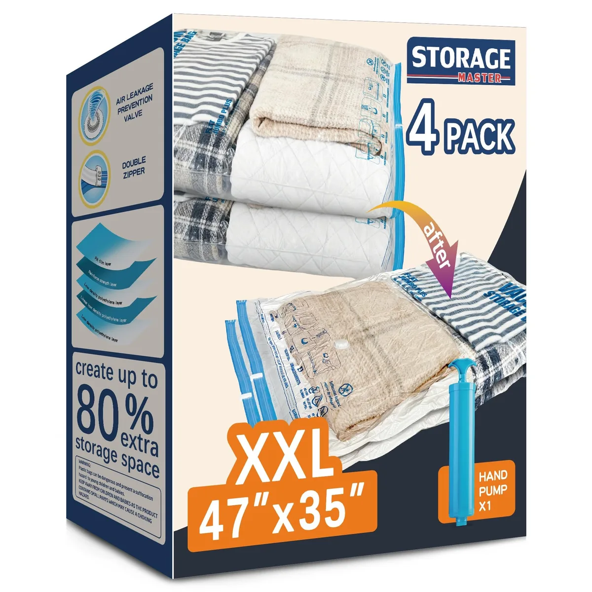 Four clear rectangular vacuum bags with double-zip seals and turbo valves, flat and stacked