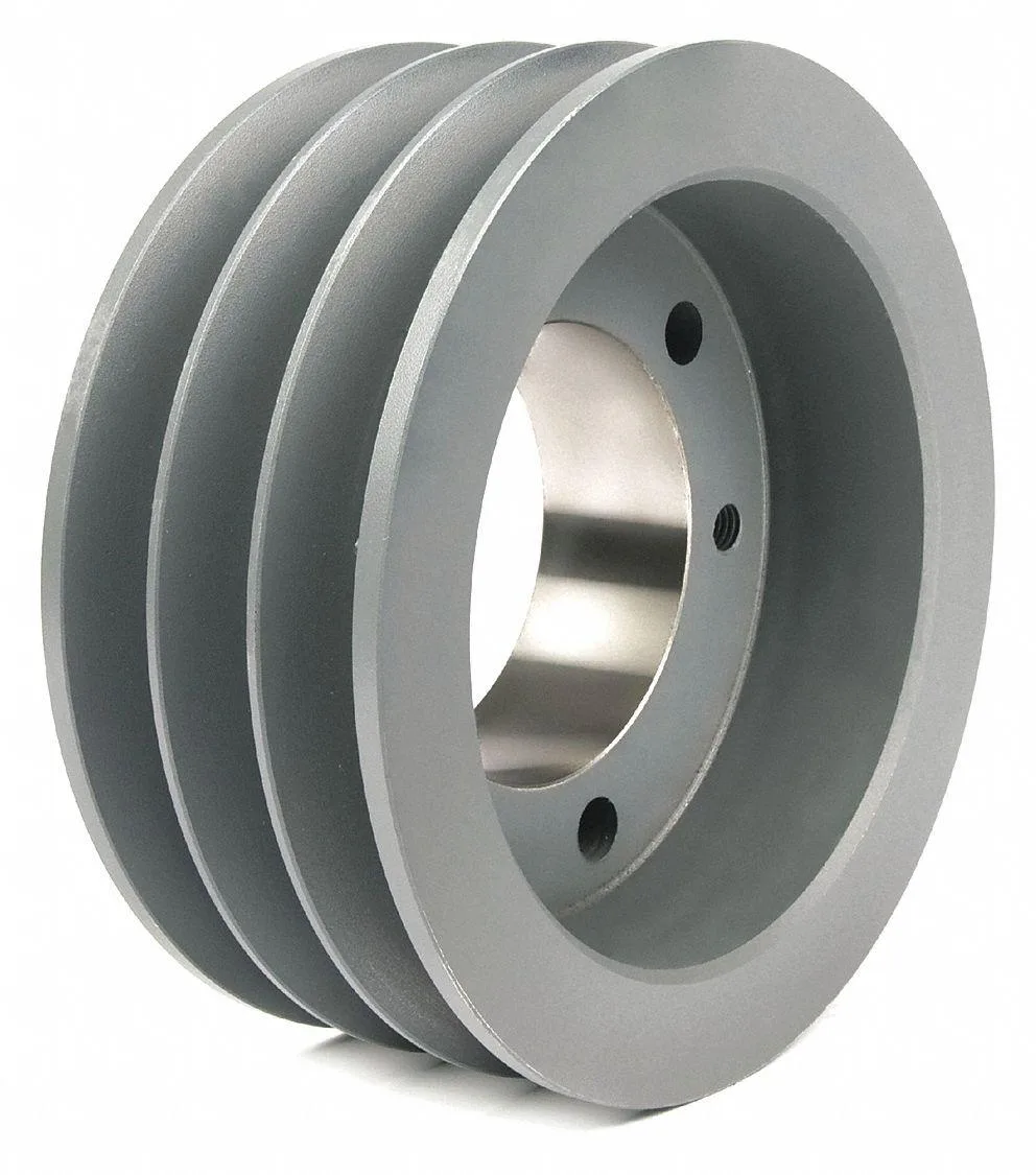 Metal V-belt sheave with three grooves and a quick-detachable tapered bushing, matte grey finish
