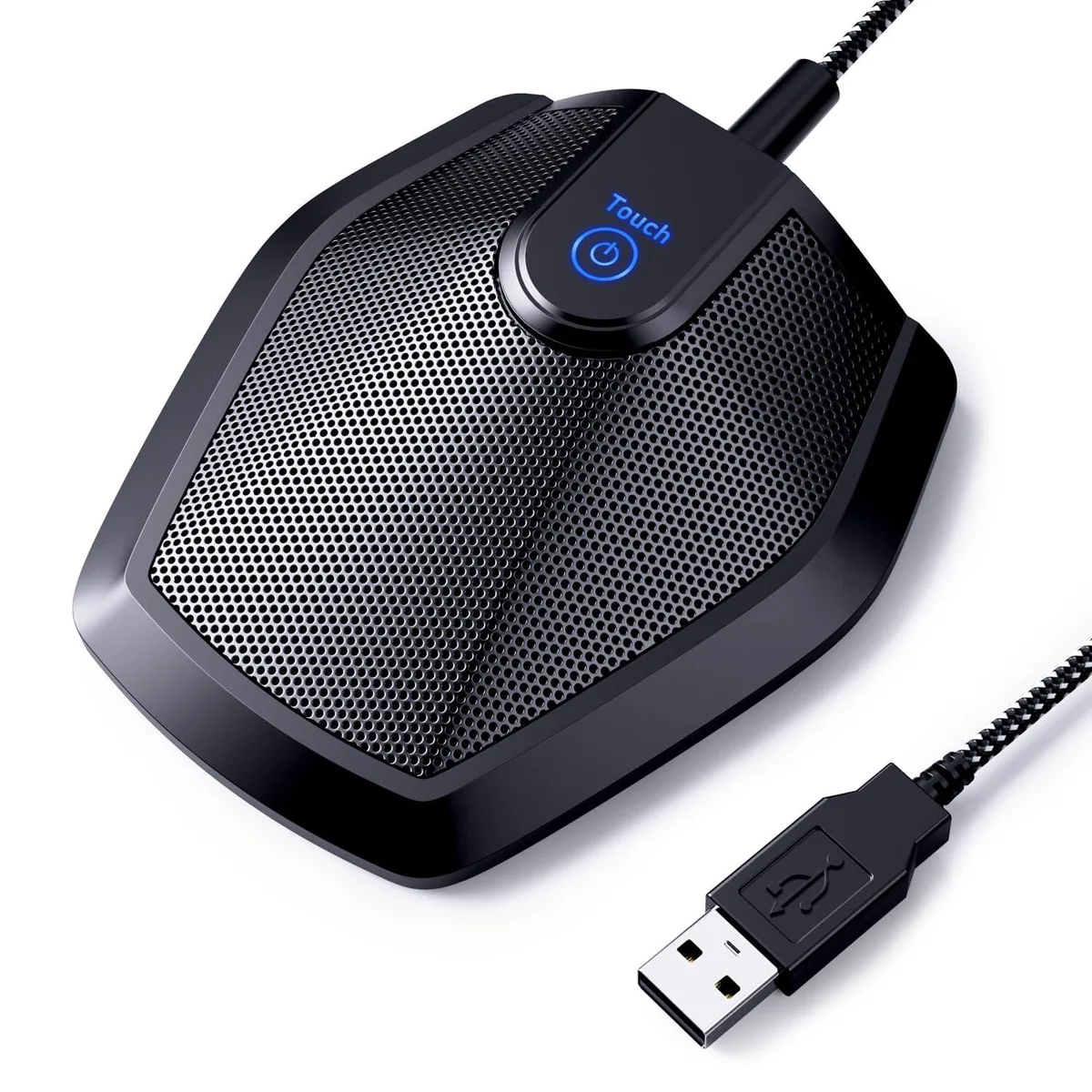 Black cylindrical USB microphone with flat base, mute button and blue indicator light