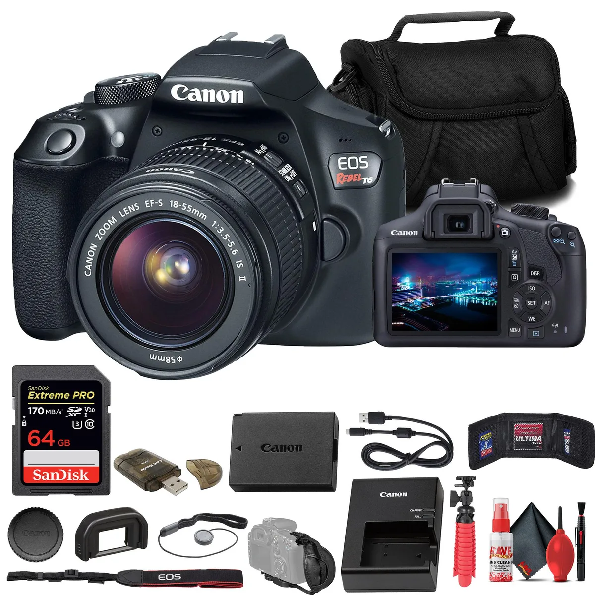 Canon Canon EOS Rebel T6 DSLR Camera Kit 18-55mm Lens 64GB Card Cleaning Kit — product photo