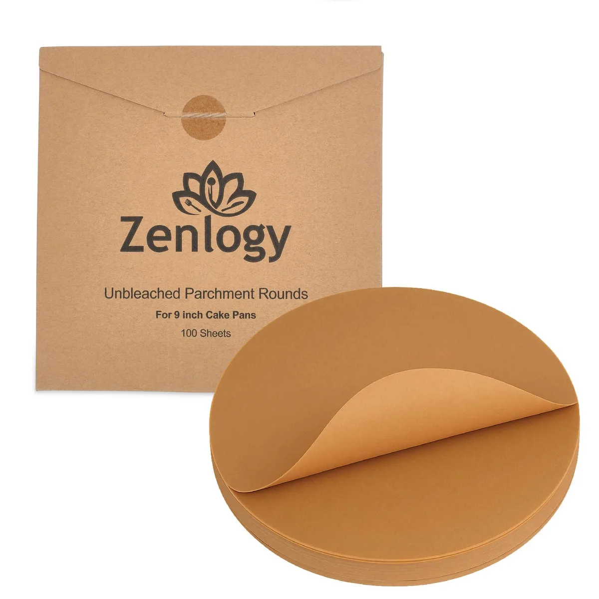 Zenlogy 9-Inch Parchment Paper Rounds 100 Sheets Unbleached Pre-Cut — product photo