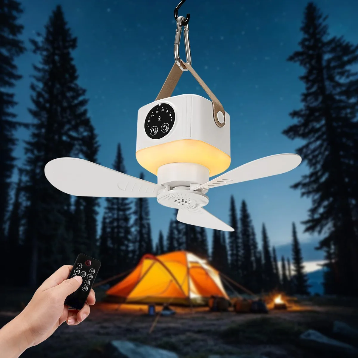 White portable tent fan with silver metal blades and built-in LED light, remote included