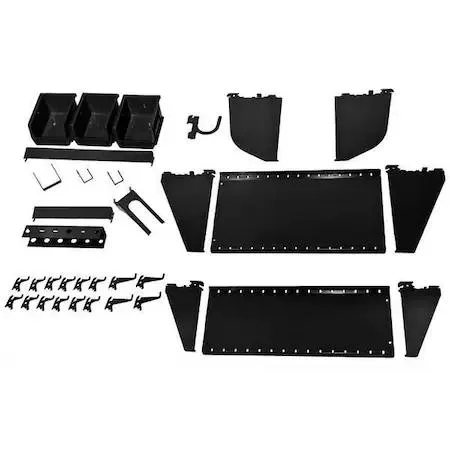 Wall Control toolboard accessory kit with black powder-coated steel hooks and bins