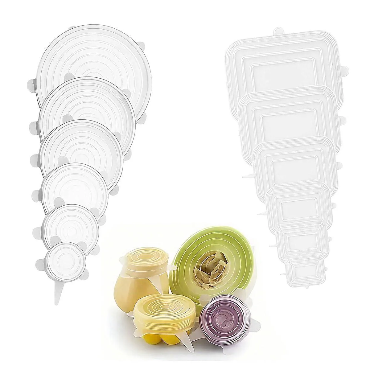Set of twelve white silicone stretch lids in round and rectangular shapes