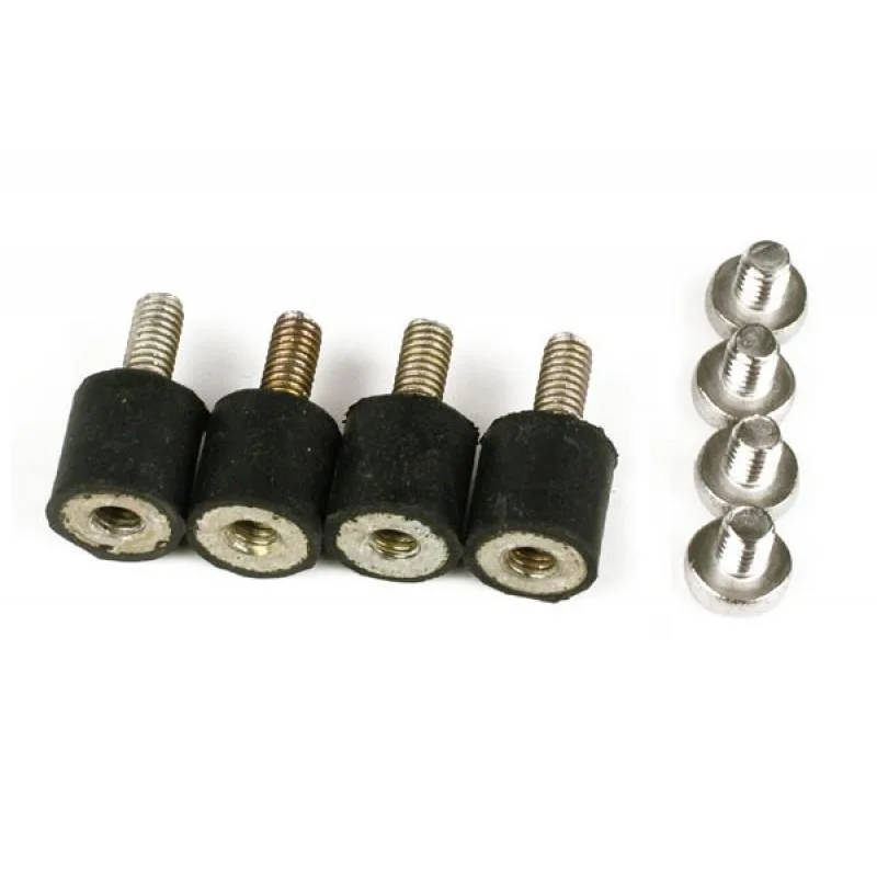 Black vibration-absorbing standoff kit with four absorbers, screws, washers and nuts