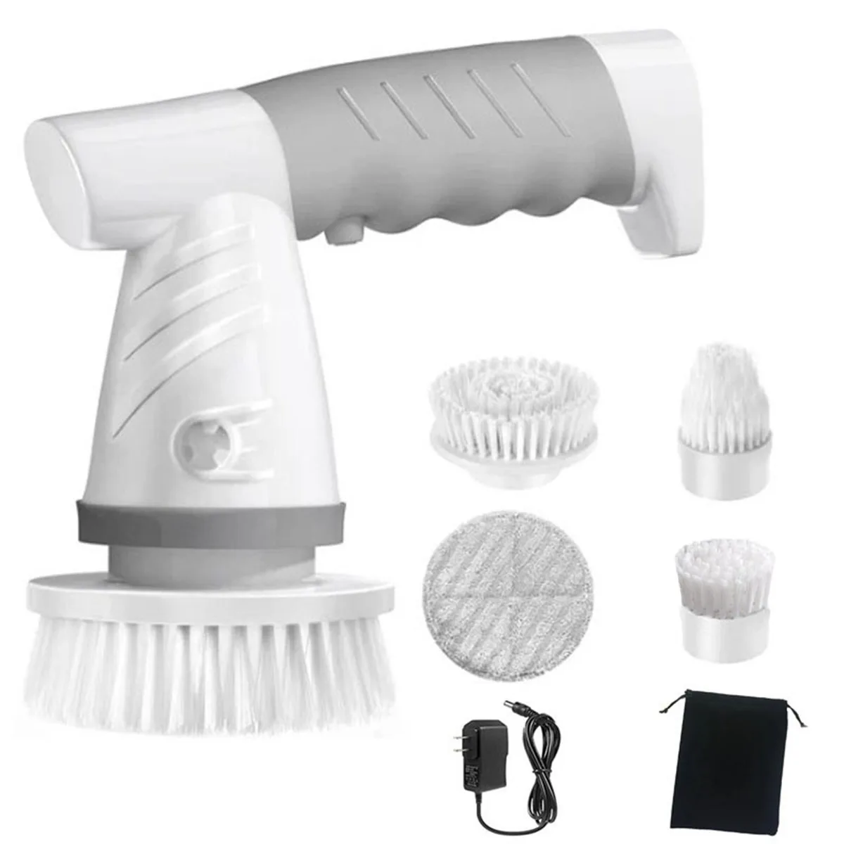 White handheld electric scrubber with four interchangeable brush heads