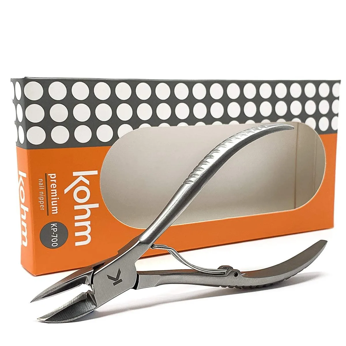 Stainless steel curved nail nippers with ridged handle, silver finish