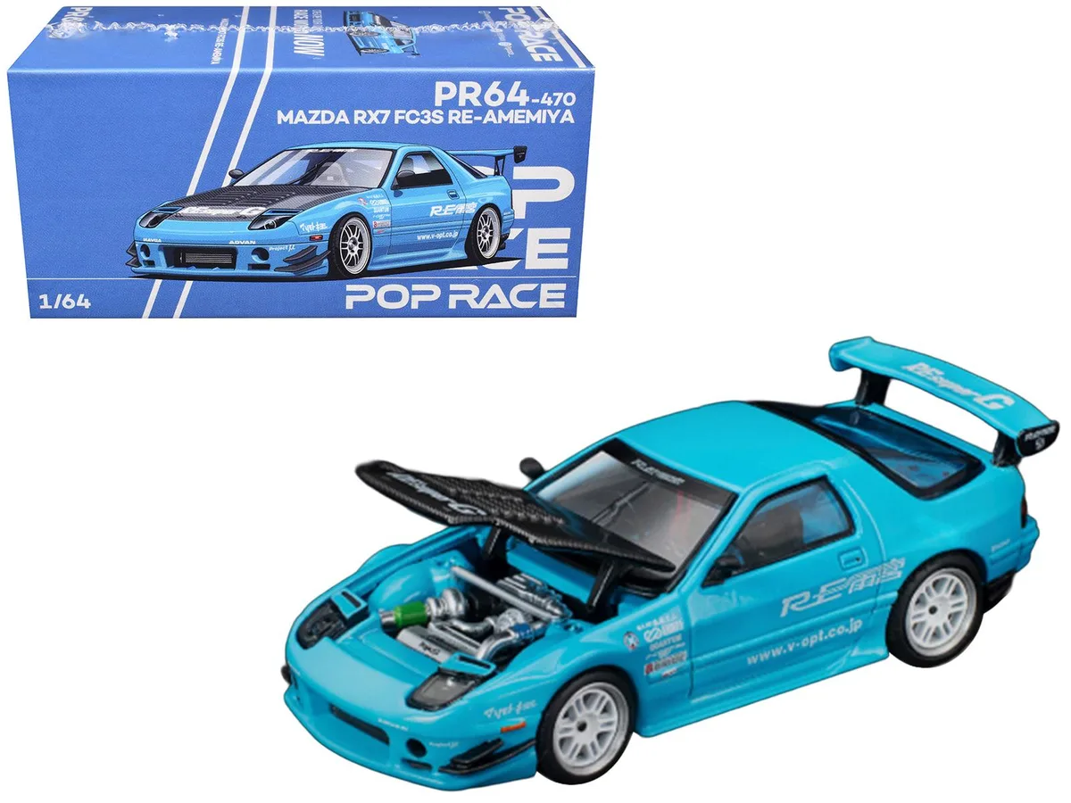 Pop Race Pop Race Mazda RX7 FC3S RE Amemiya RHD Light Blue Carbon Hood Tokyo Auto Salon 2026 1/64 Hobby Collectible — product photo