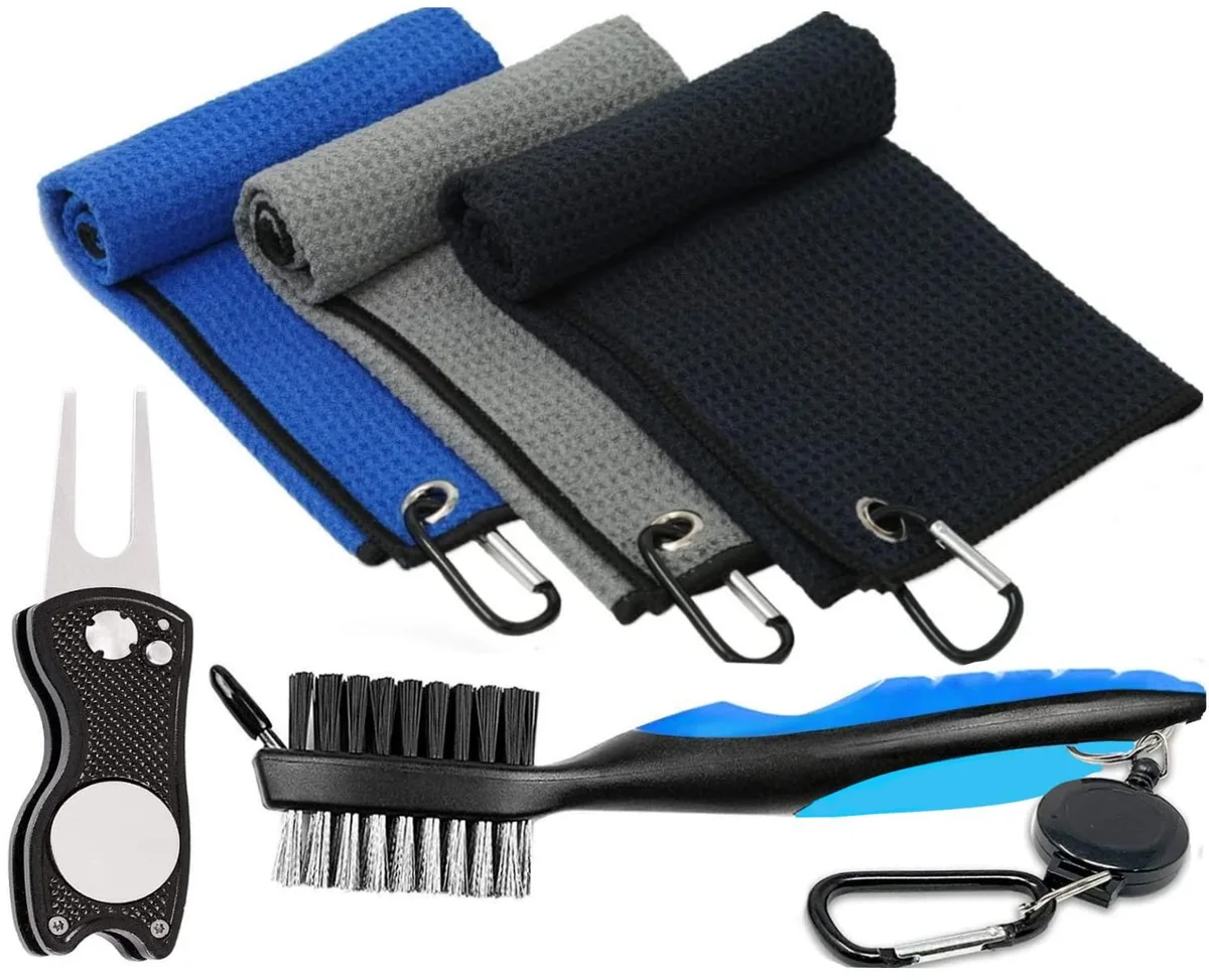 Three square microfiber towels with waffle texture and clips plus a double-sided cleaning brush
