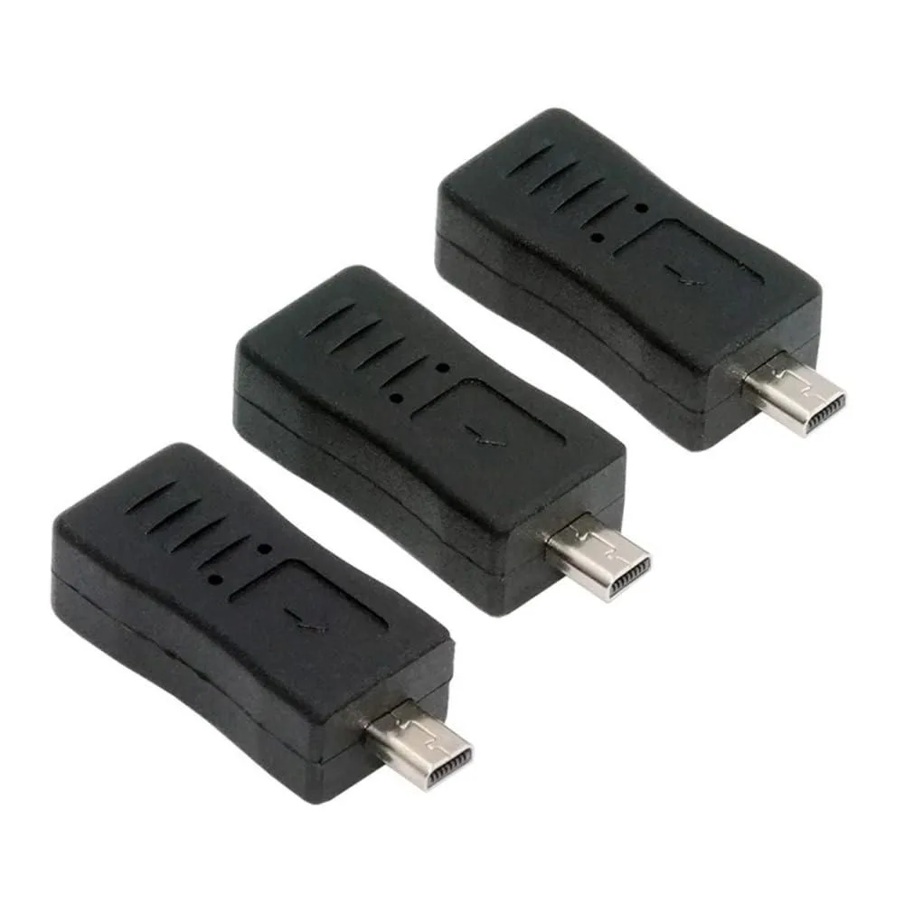 Three small adapters with 8-pin plugs and USB-C, Mini USB, Micro USB sockets