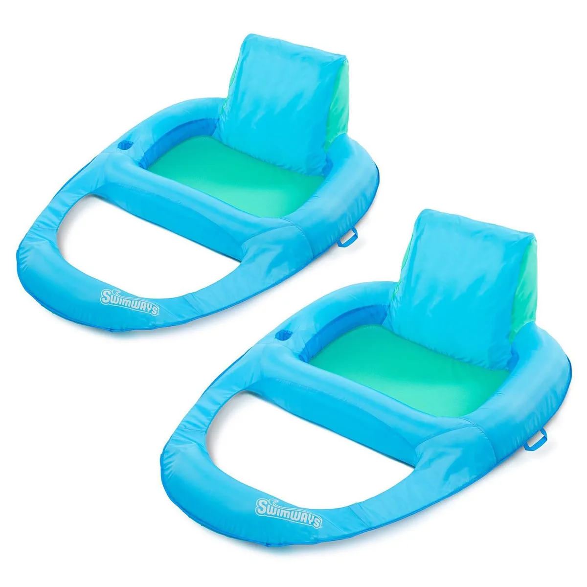 Two blue XL pool recliner floats with mesh seats and cup holders, folded in a box
