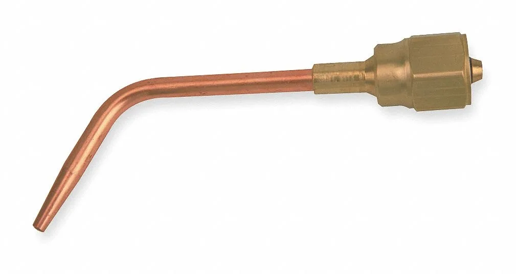 Small brass welding nozzle tip with knurled base and tapered cone end