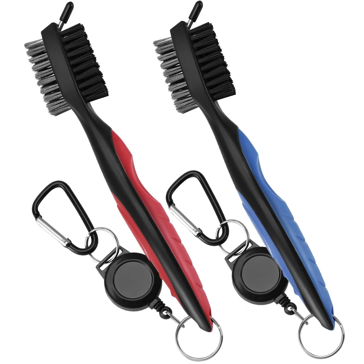 Two golf club brushes with retractable zip-lines and carabiners