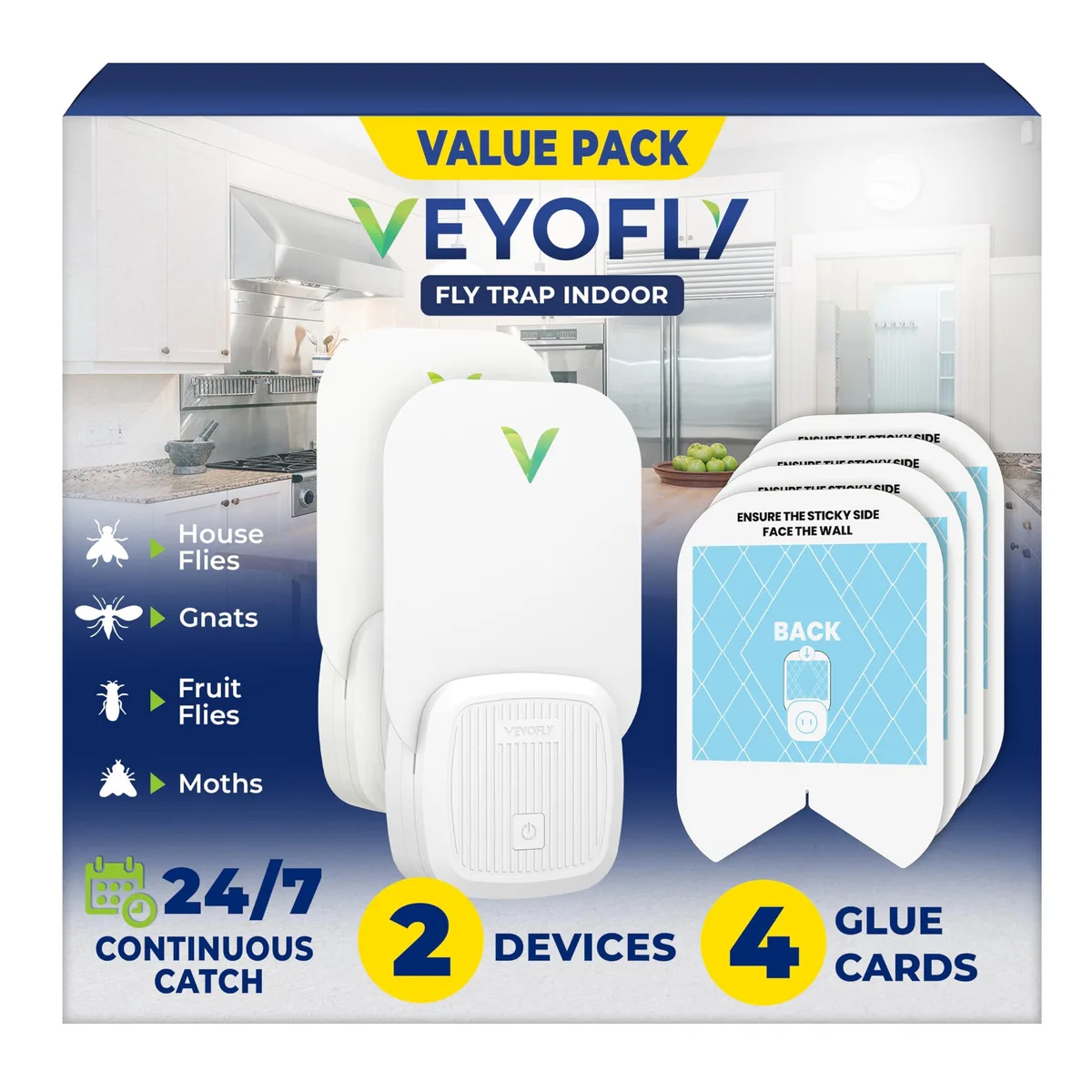 Two white plug-in units with blue-violet light and four glue cards