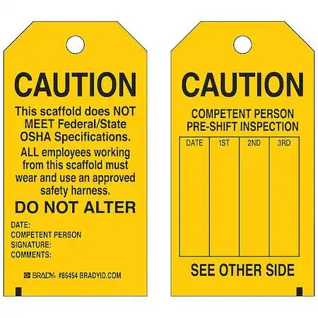 Pack of 10 yellow rectangular polyester caution tags with black text and hole