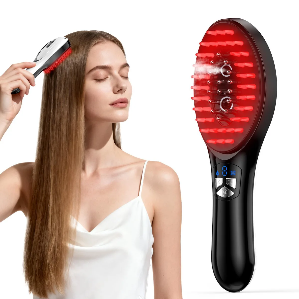Black handheld electric scalp massager with 16 metal posts, dual tanks and nano mist nozzle
