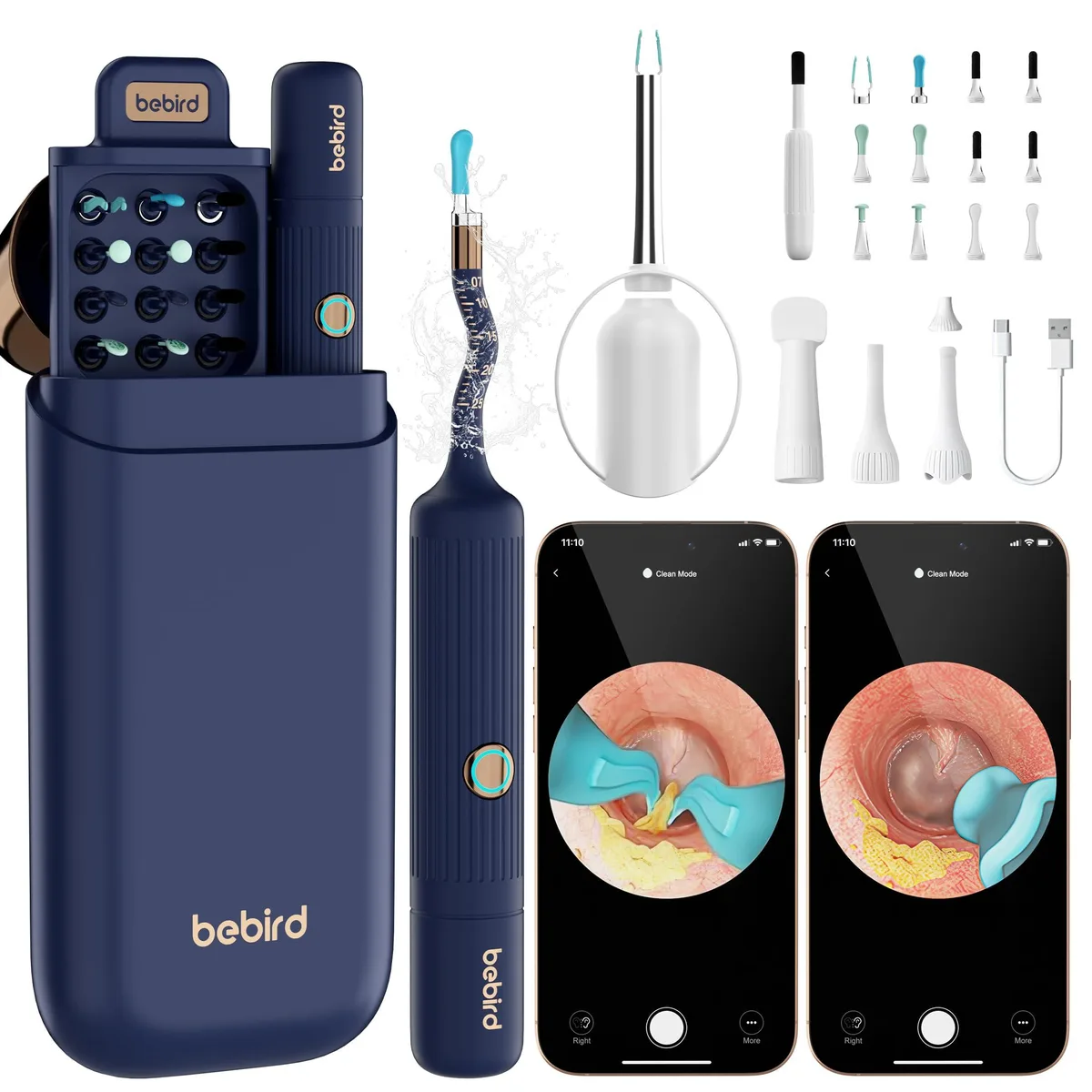 Blue ear-cleaning device with camera, adjustable handle and multiple attachments