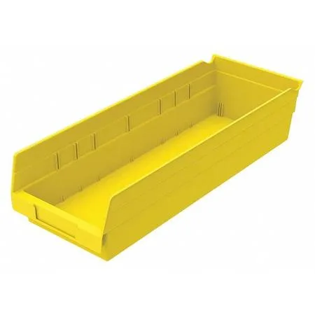 Yellow plastic shelf bin with molded label area