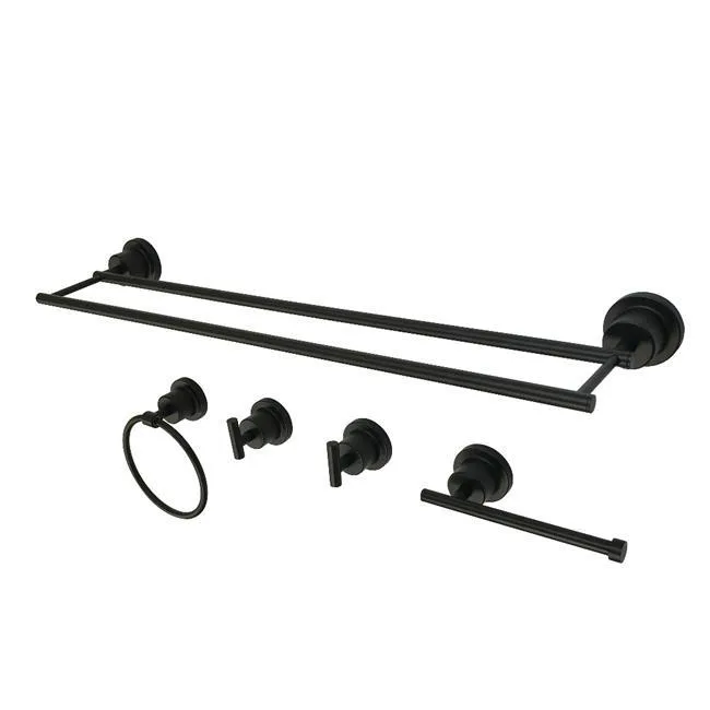 Five-piece matte black bathroom accessory set with dual towel bar, towel ring, robe hooks and toilet paper holder
