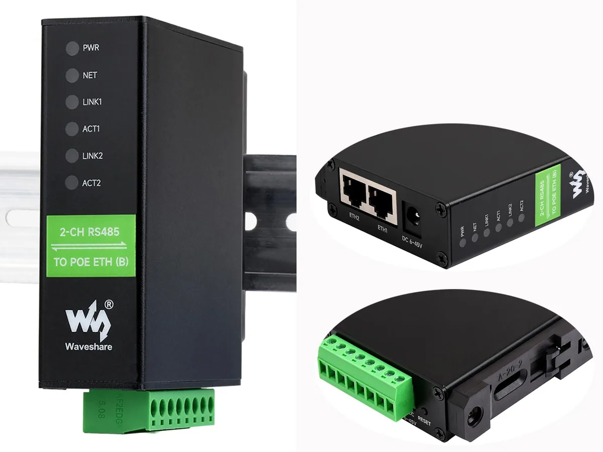 WaveShare WaveShare 2-CH RS485 to RJ45 Ethernet Serial Server PoE 2 in 1 accessory — product photo