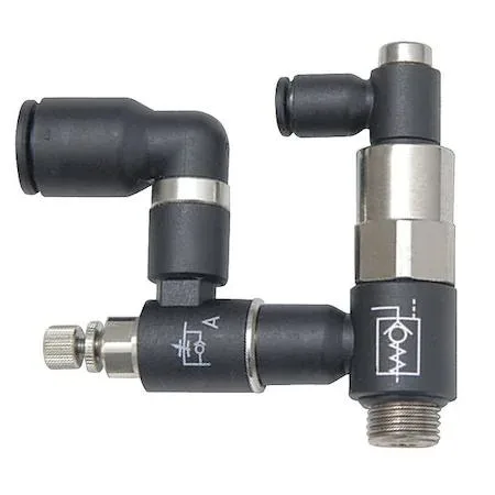 Small polymer valve body with BSPP male thread and push-fit tube connection