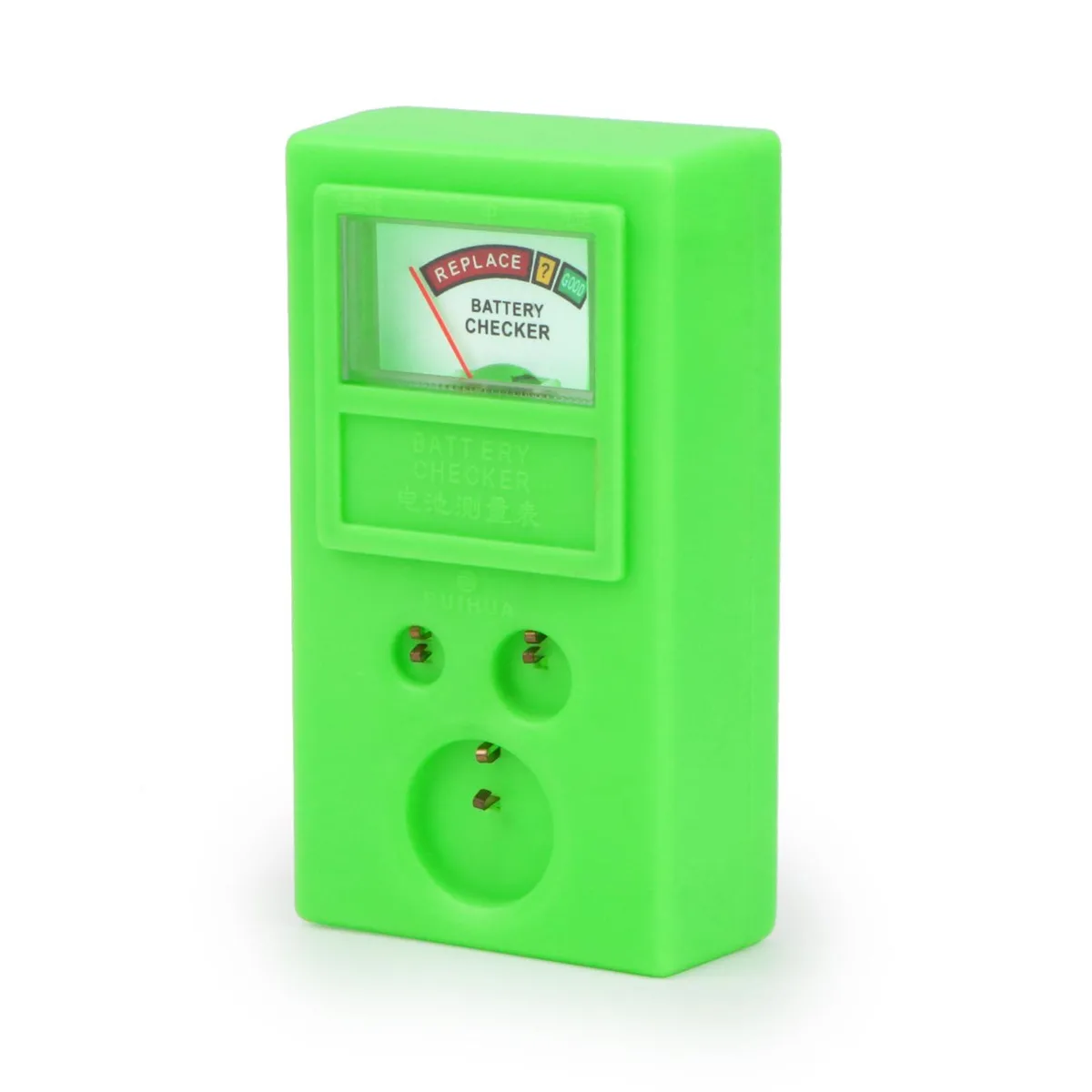 Compact handheld battery tester with sliding contact slot and analog needle display