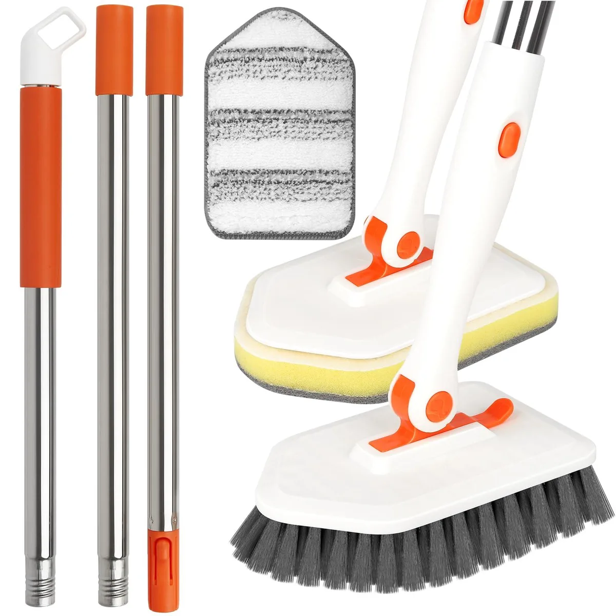 White extendable scrub brush with three interchangeable heads and adjustable pole up to 50.8 inches