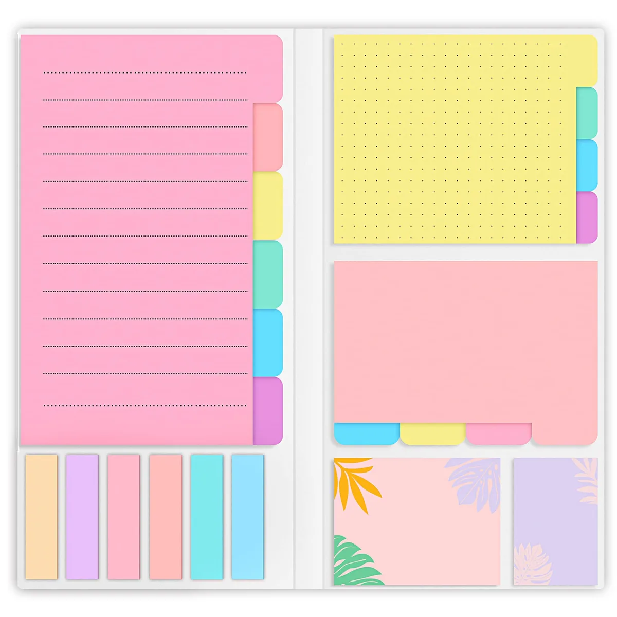 Pastel sticky-note booklet with assorted pads and index tabs
