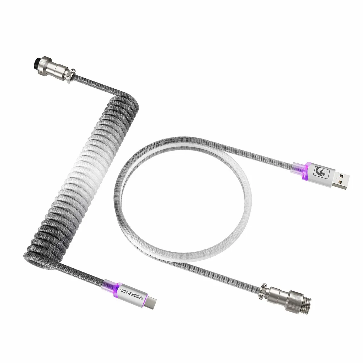Coiled USB-C cable in gray-to-black gradient with braided sleeve and metal aviator connector