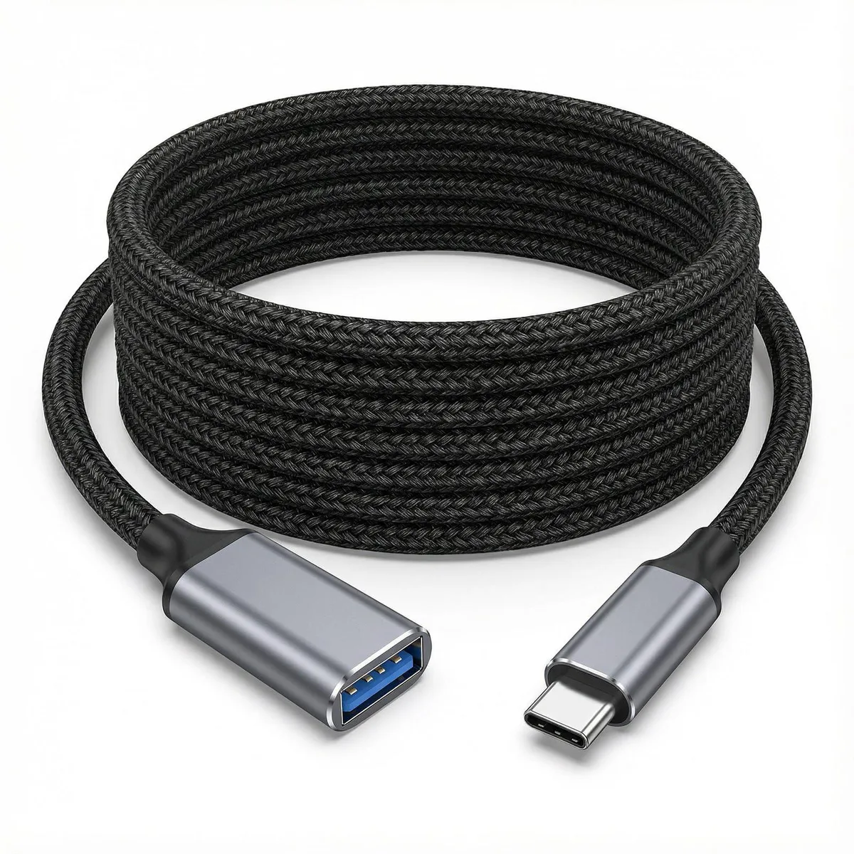 Black USB-C male to USB-A female adapter cable, 3.3 ft braided nylon with gold connectors
