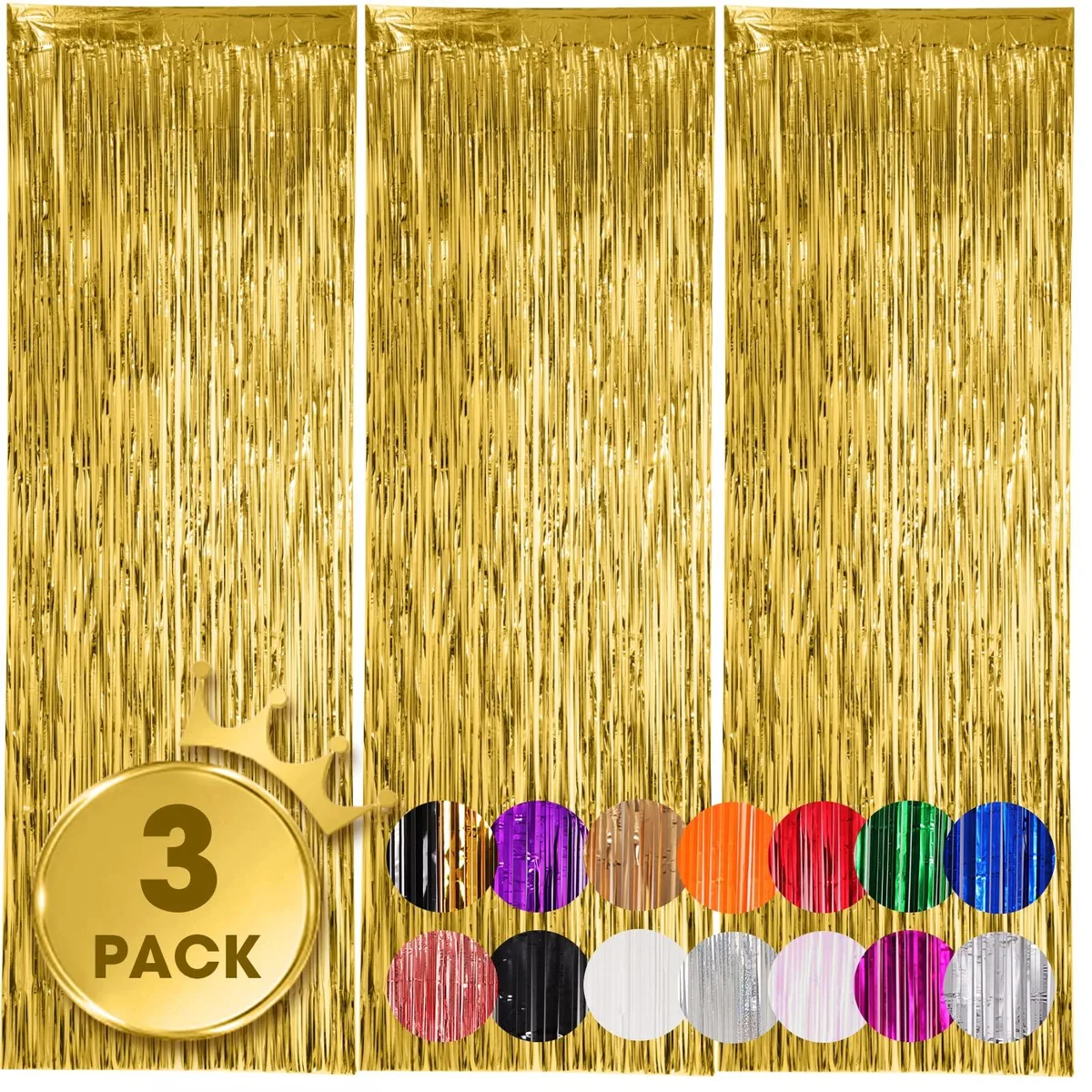 Three gold foil fringe curtains, each 3.3 by 8.2 feet, vinyl material, shiny tinsel strips hanging vertically