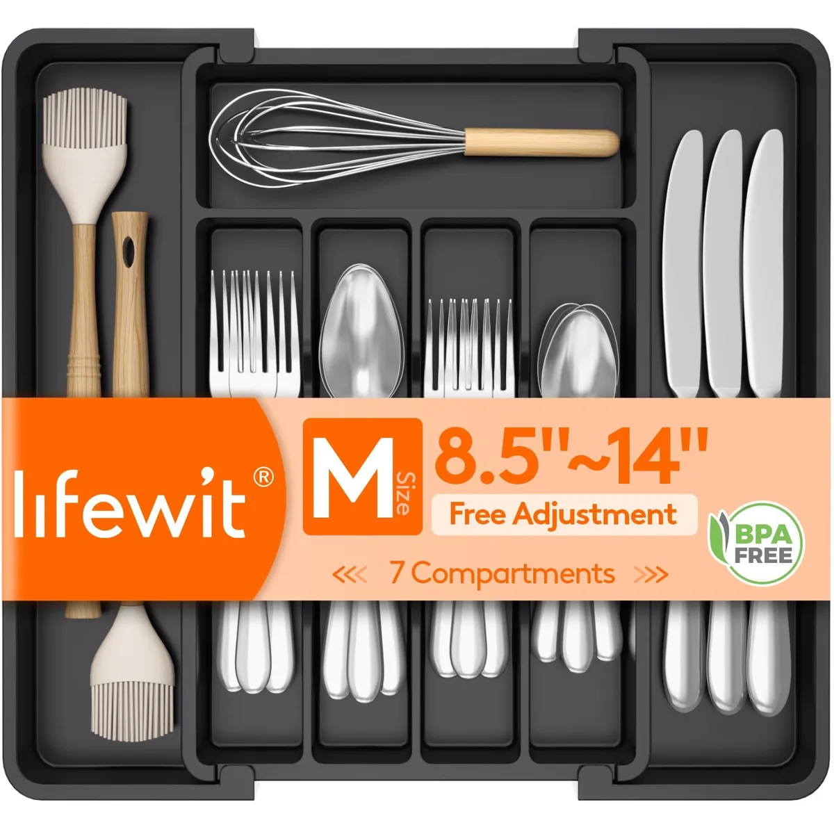 Red plastic expandable cutlery tray with seven compartments