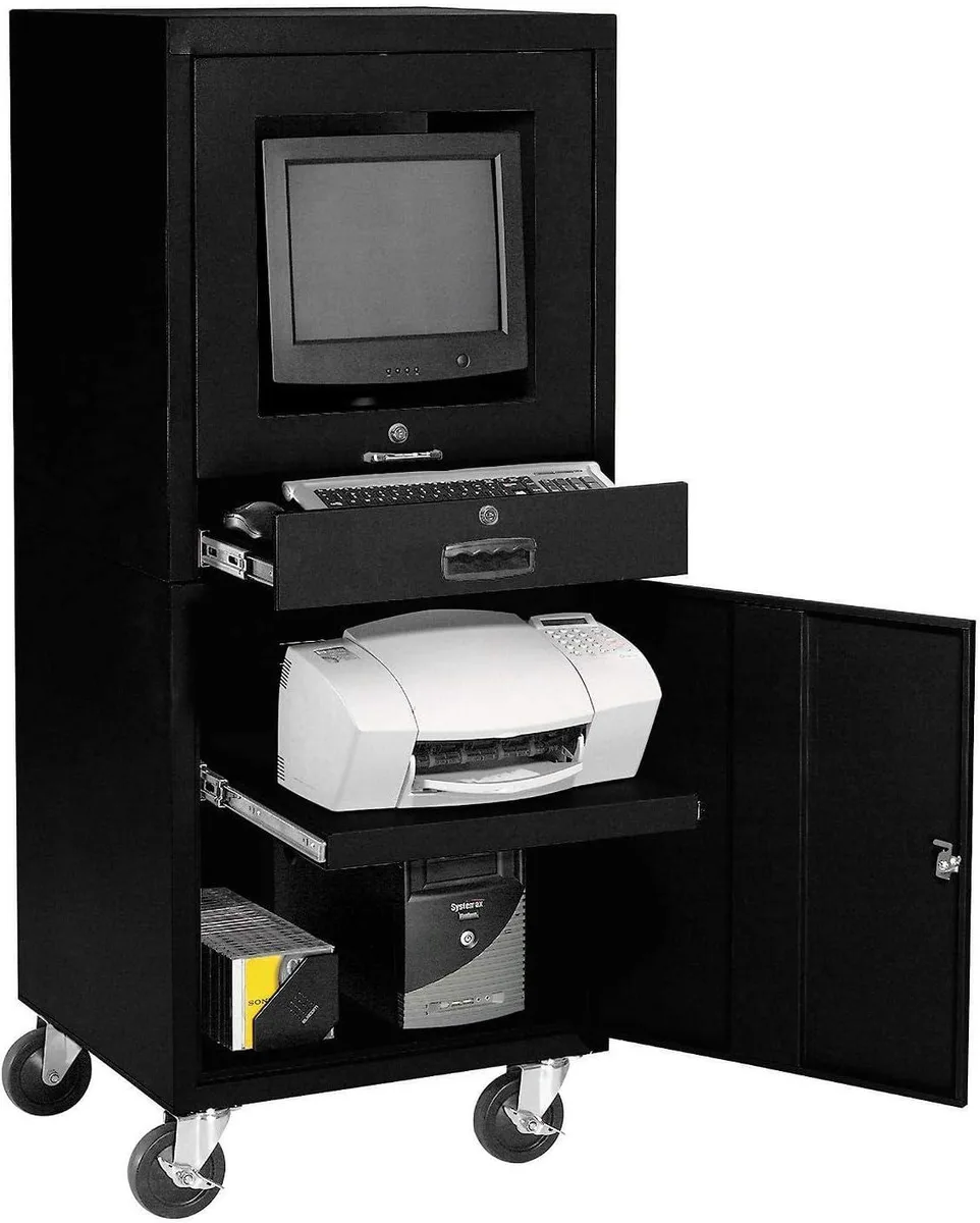 Black mobile security computer cabinet with monitor window and slide-out keyboard drawer