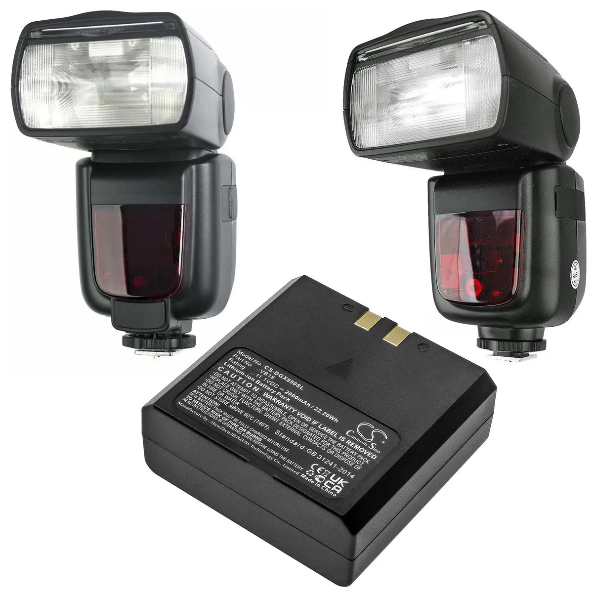 Rectangular lithium-ion replacement battery pack, dark grey plastic casing with label, gold contact terminals visible
