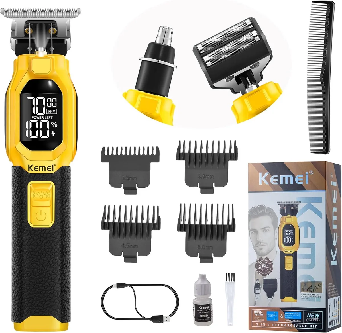 Cordless beard trimmer with LED display and removable head