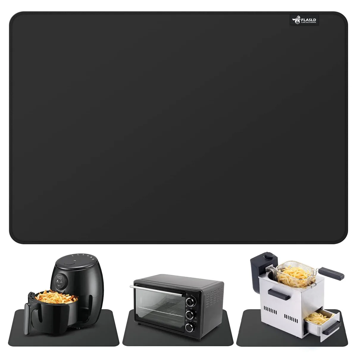Rectangular black silicone mat measuring 12 by 18 inches lying flat on a countertop