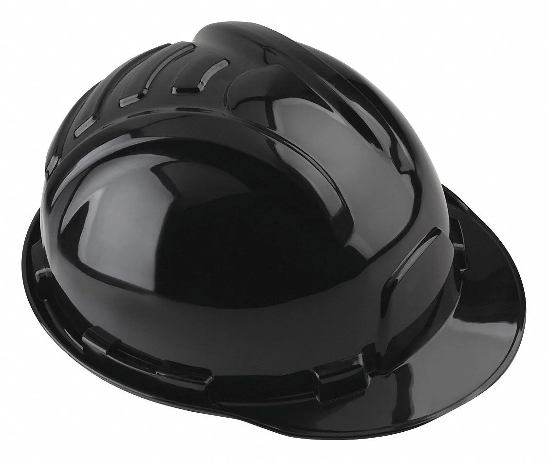 Black polyethylene hard hat with front brim and six-point ratchet suspension