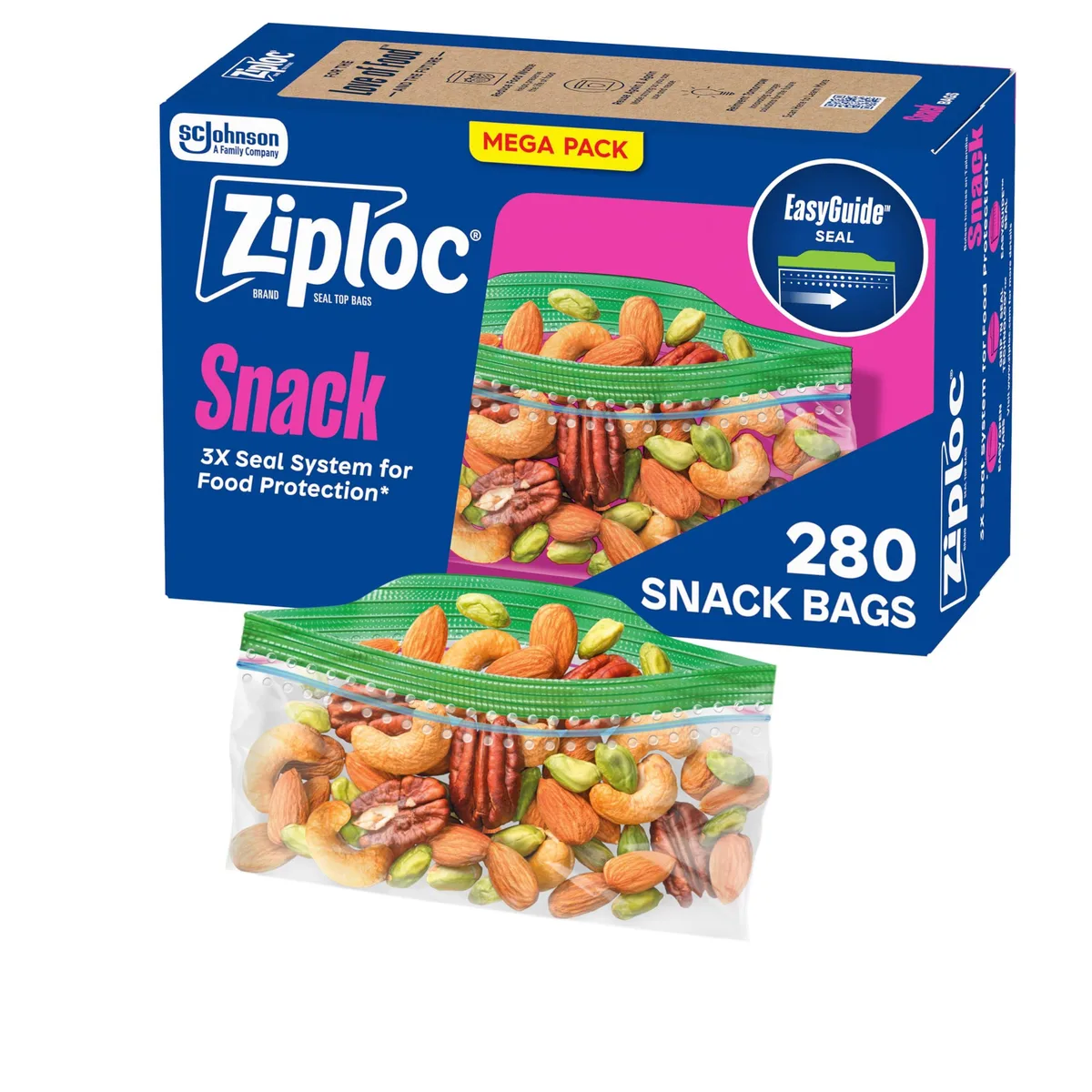 Box of 280 transparent plastic snack bags with zipper closure